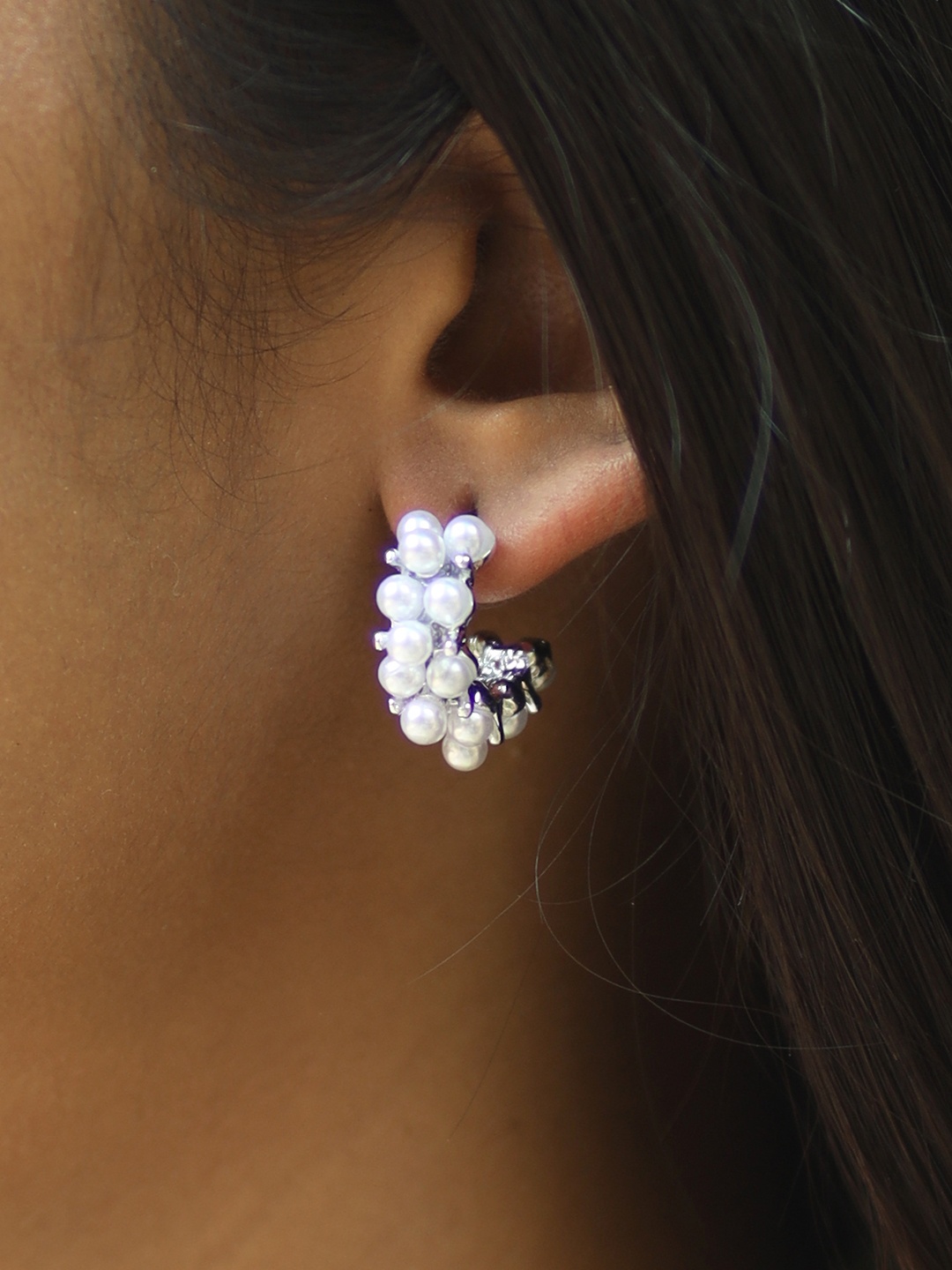 

Ayesha Silver-Plated & White Contemporary Pearl Studded Half Hoop Earrings