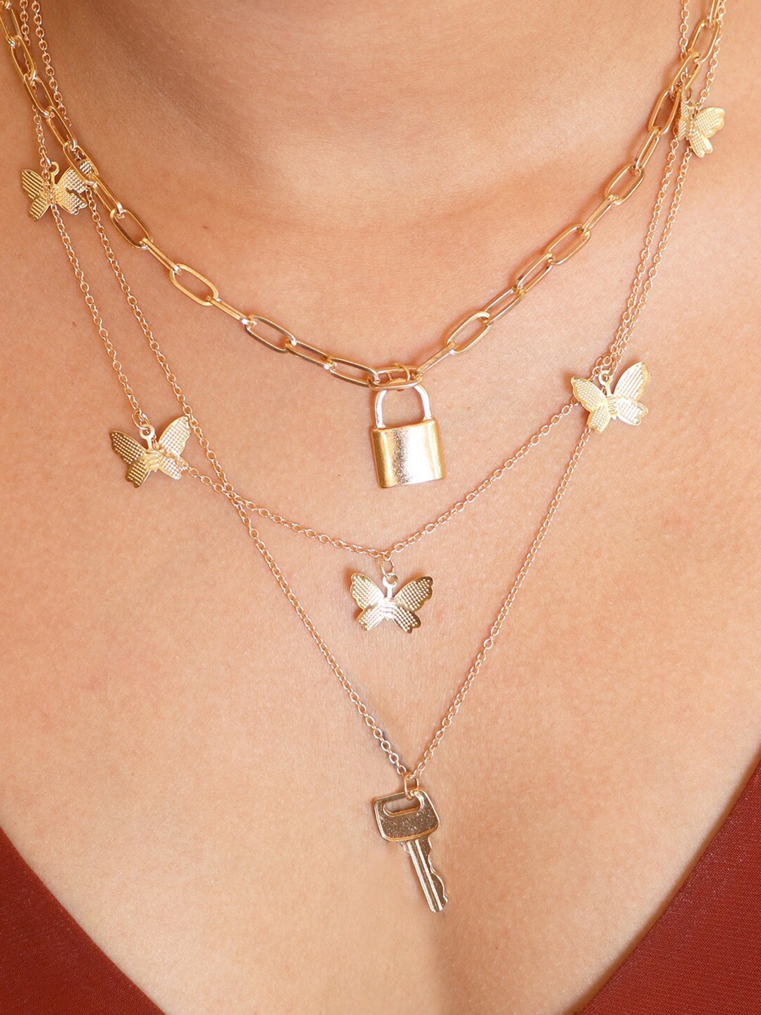 

Ayesha Lock & Butterfly Layered Necklace, Gold