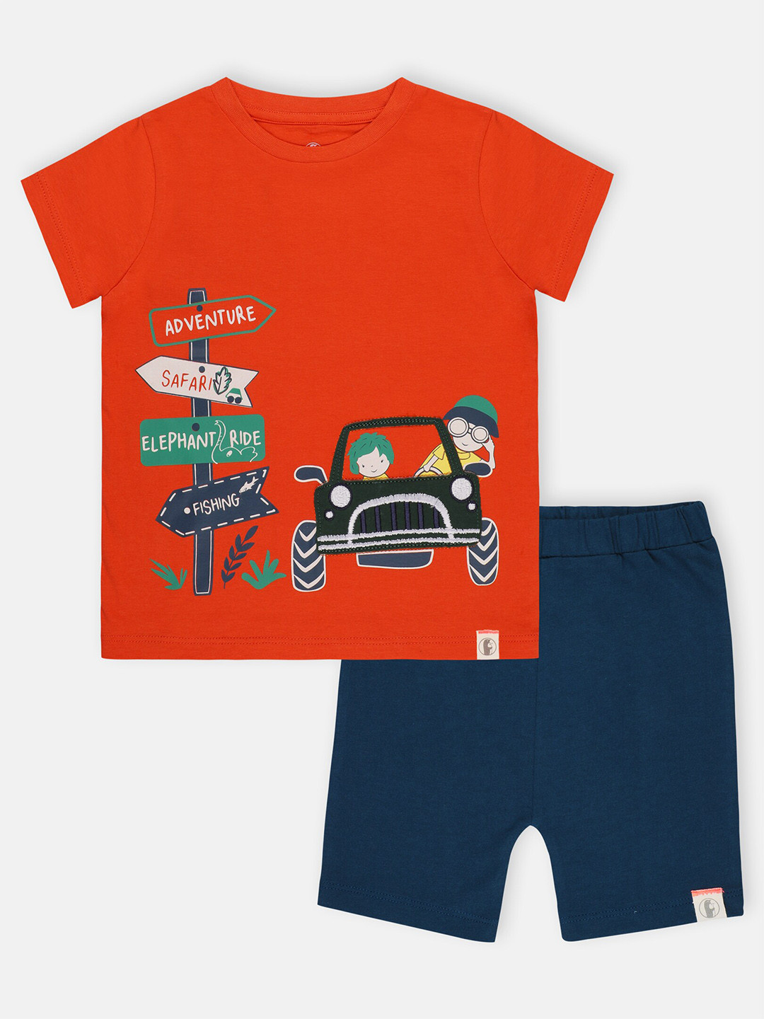 

Babysafe Boys Orange And Navy Blue Printed Pure Cotton T-shirt with Shorts