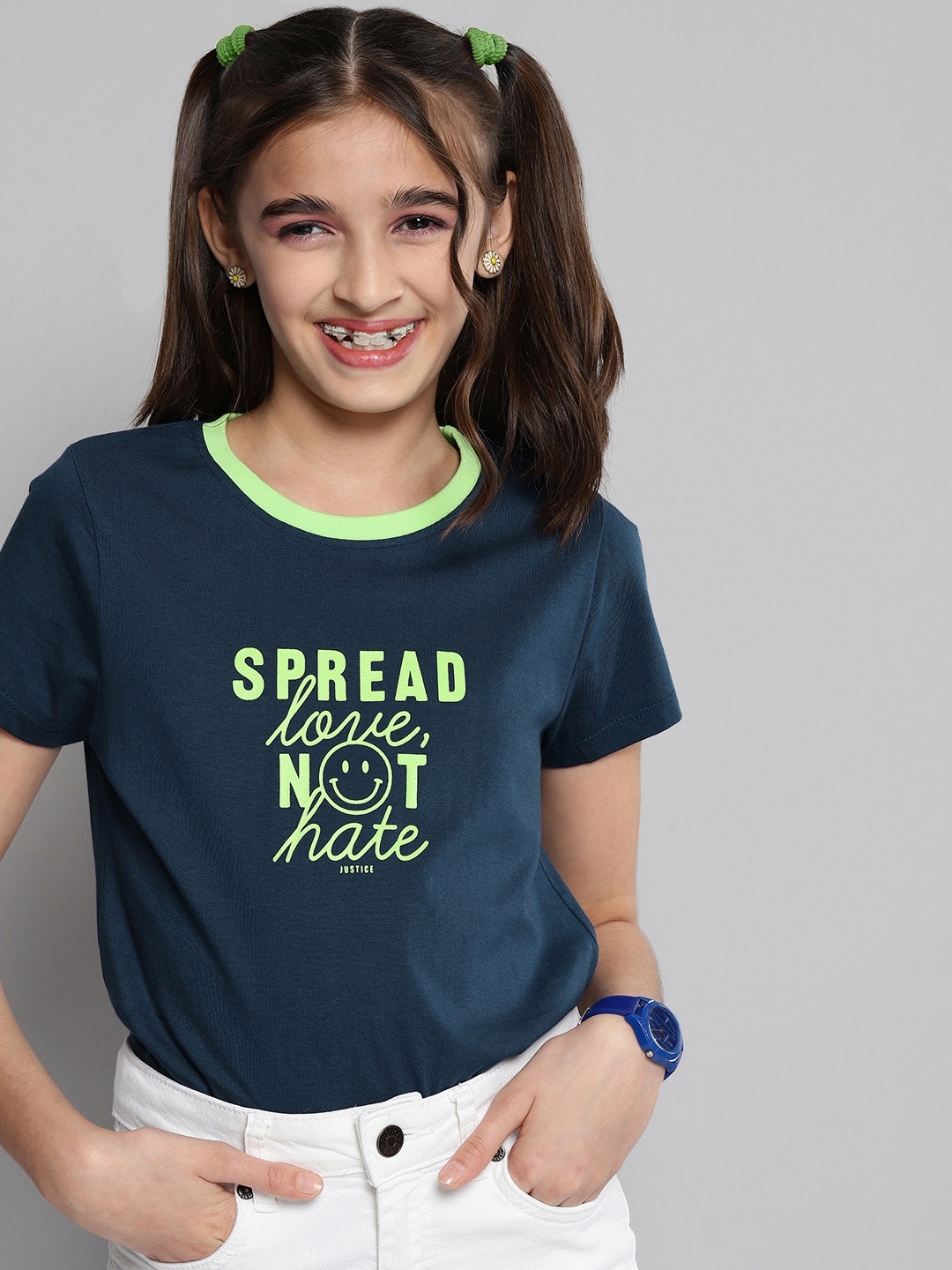 

JUSTICE Girls Blue Typography Printed Pure Cotton T-shirt