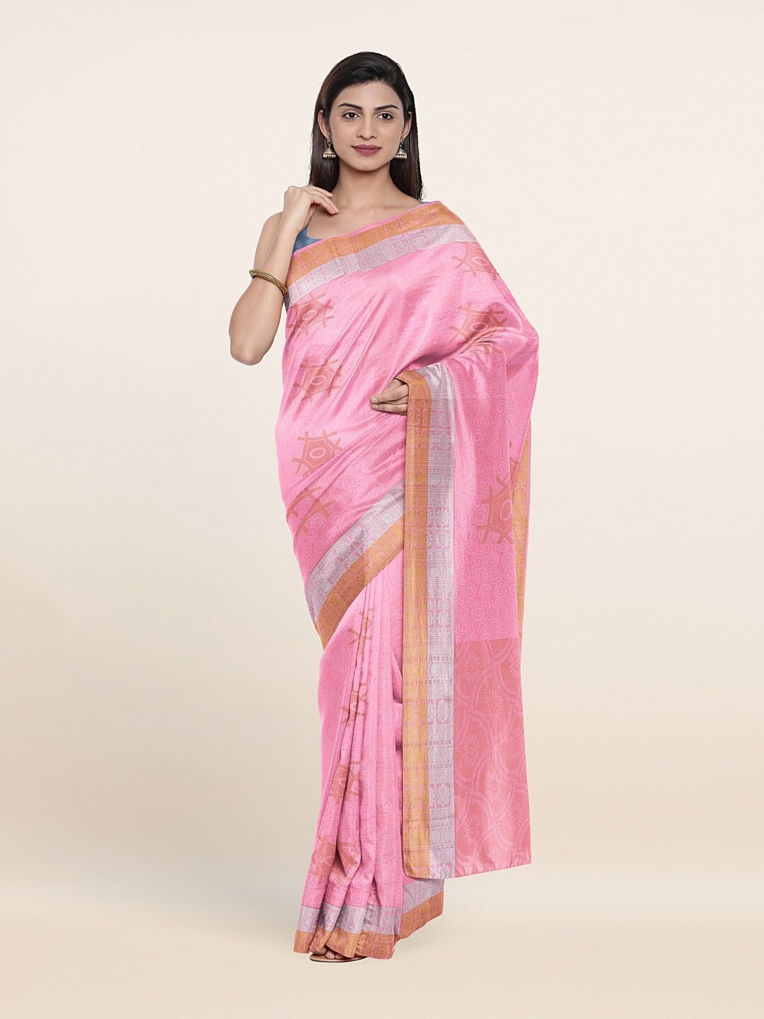 

Pothys Pink & Silver-Toned Floral Art Silk Saree