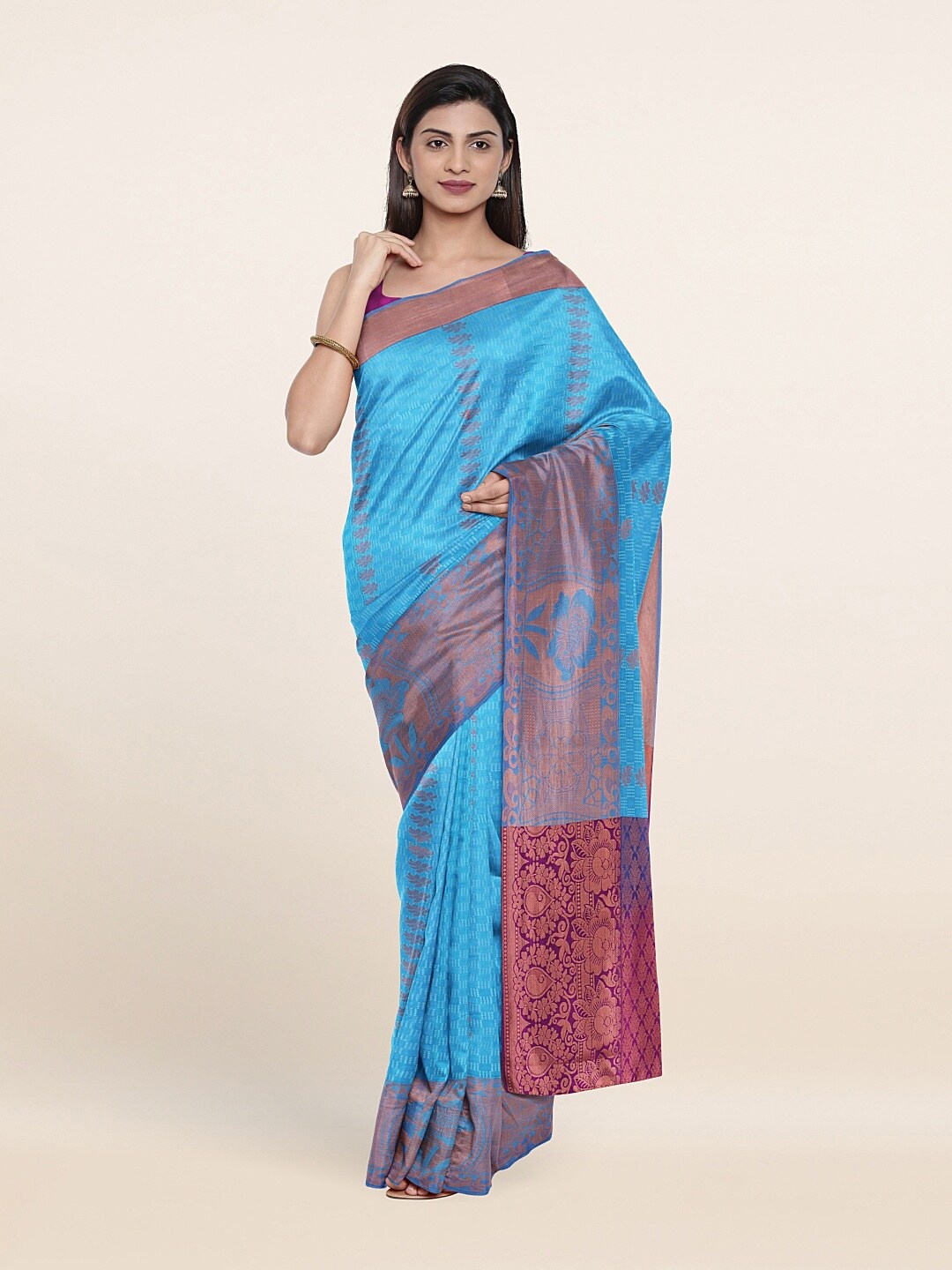 

Pothys Turquoise Blue & Gold-Toned Woven Design Zari Art Silk Saree