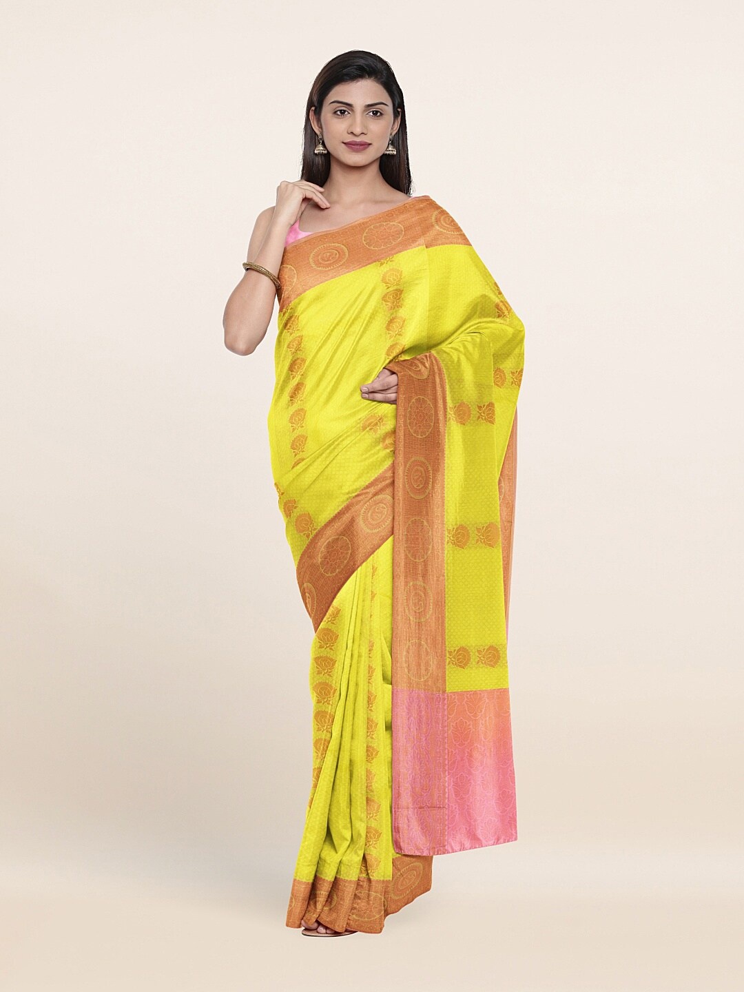 

Pothys Yellow & Pink Floral Art Silk Saree