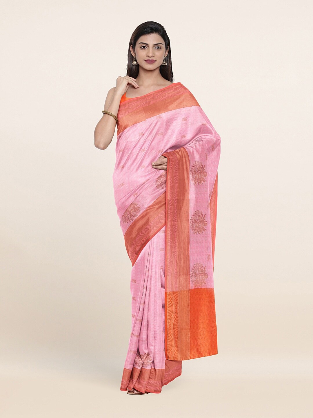 

Pothys Pink & Orange Ethnic Motifs Zari Art Silk Saree