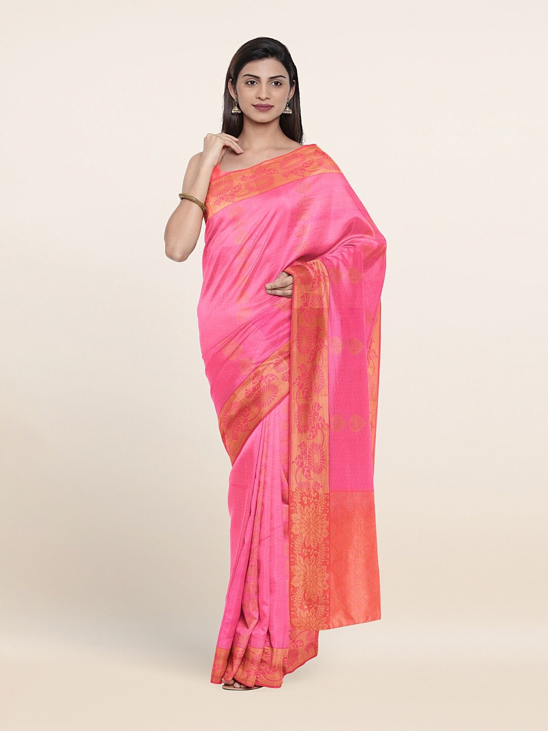 

Pothys Pink & Gold-Toned Woven Design Zari Art Silk Saree