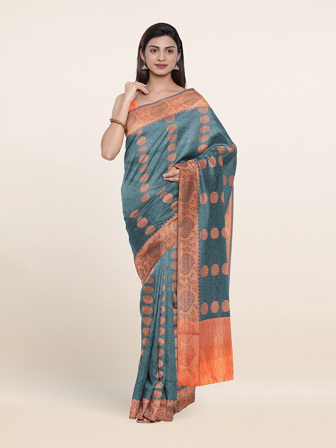 

Pothys Green & Copper-Toned Woven Design Art Silk Saree