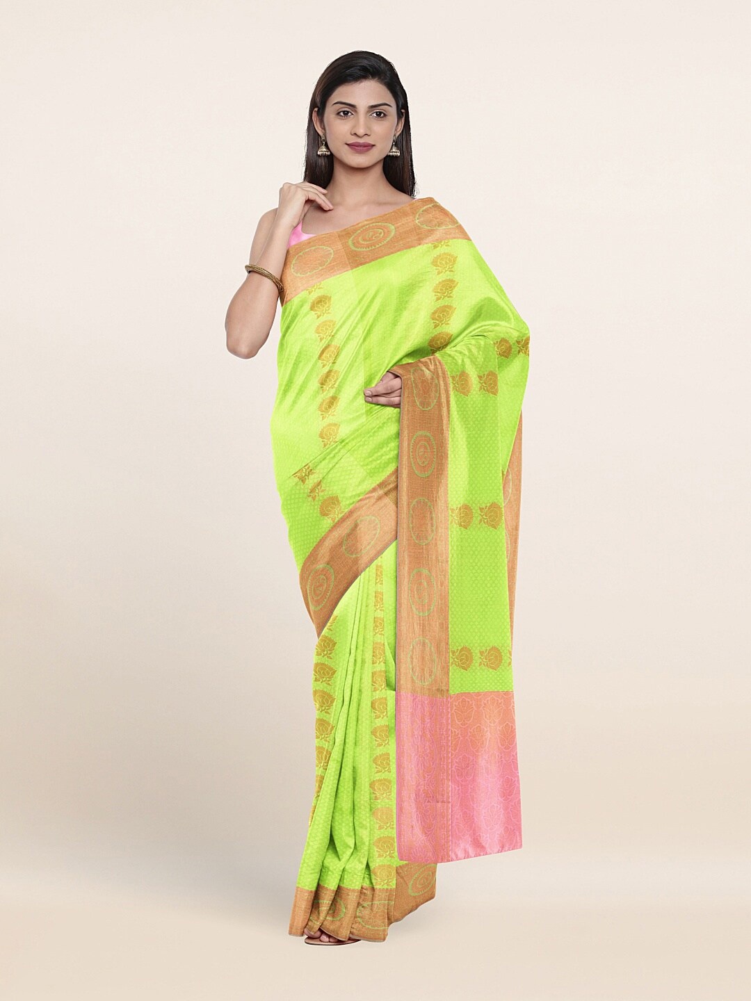

Pothys Fluorescent Green & Pink Floral Zari Art Silk Saree