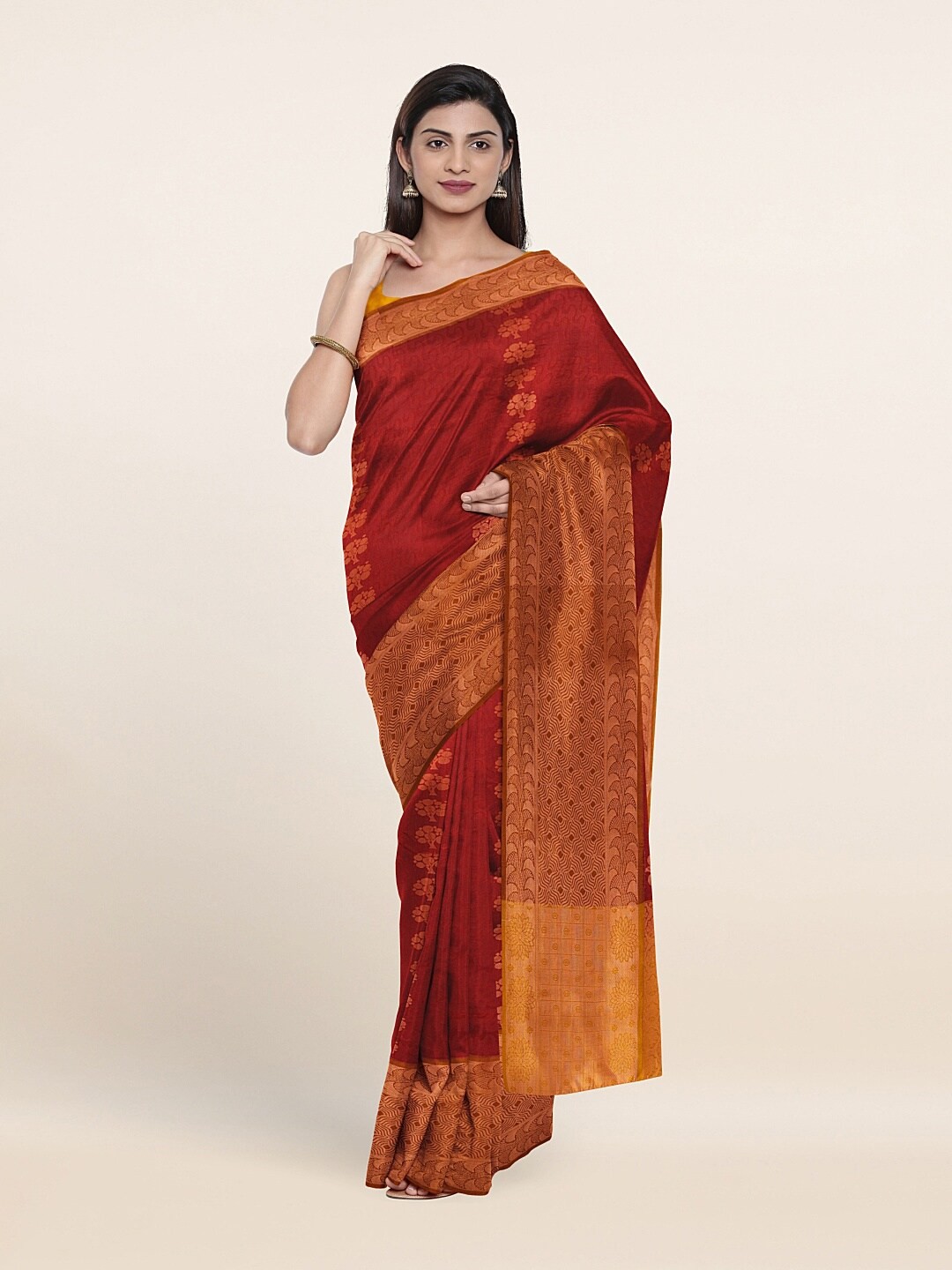

Pothys Maroon & Gold-Toned Woven Design Art Silk Saree