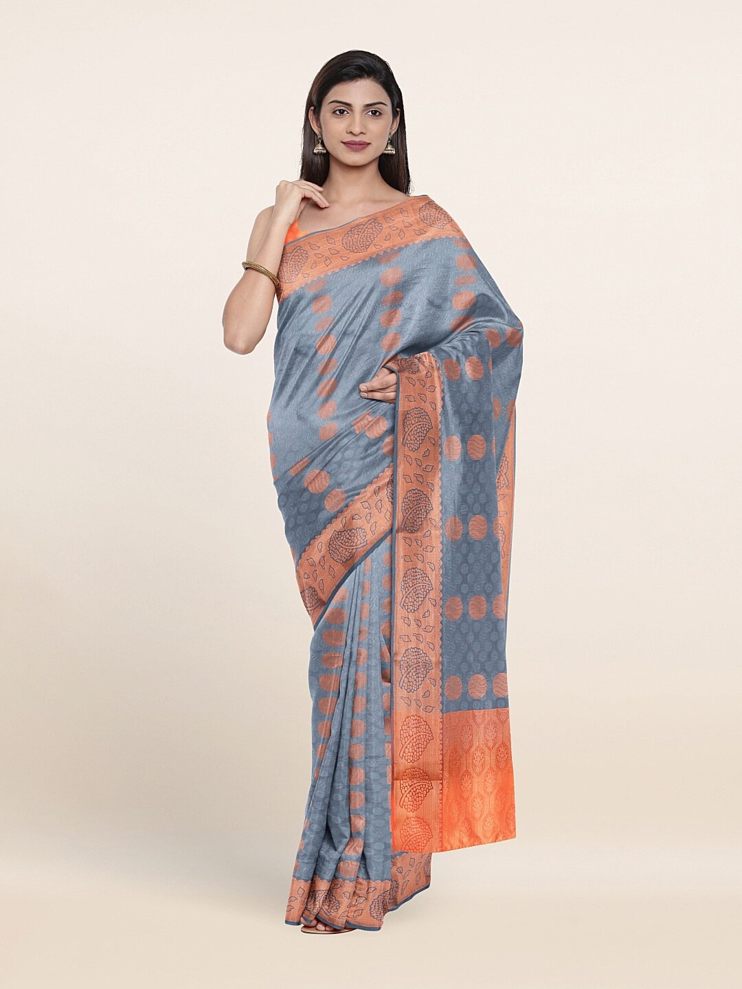 

Pothys Grey & Orange Ethnic Motifs Zari Art Silk Saree