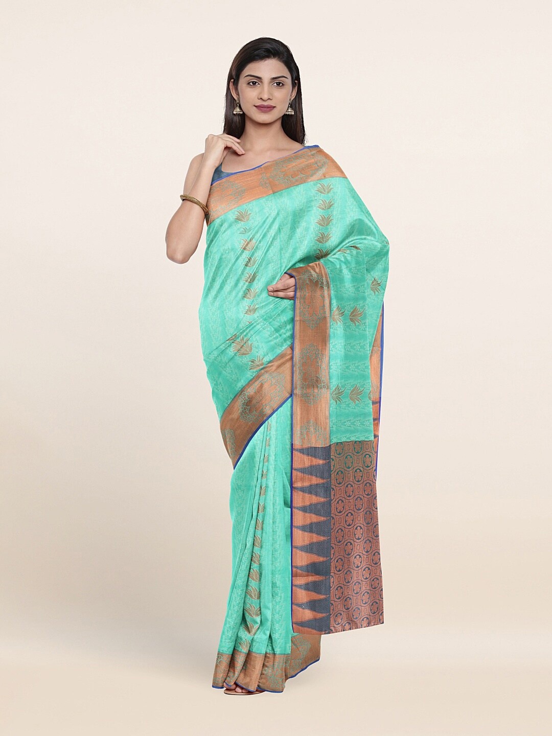 

Pothys Green & Copper-Toned Ethnic Motifs Zari Art Silk Saree