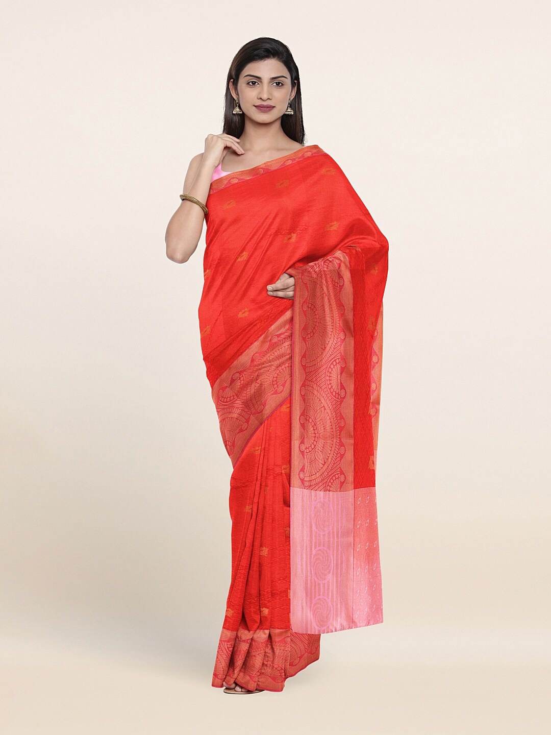 

Pothys Red & Gold-Toned Floral Zari Art Silk Saree