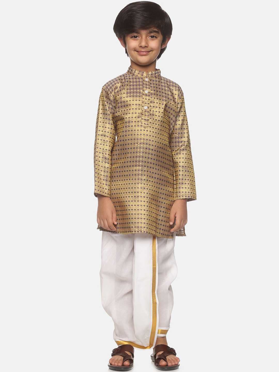 

Sethukrishna Boys Gold-Toned Printed Angrakha Kurta with Dhoti Pants