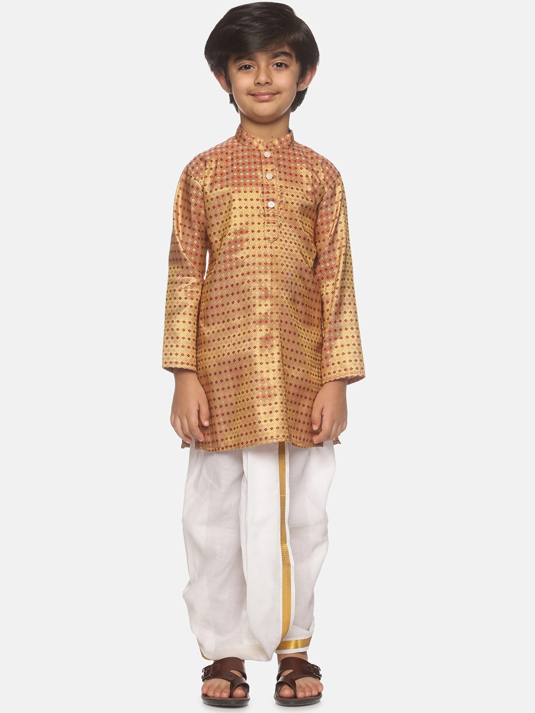 

Sethukrishna Boys Golden & White Ethnic Motifs Printed Kurta with Dhoti Pants, Gold