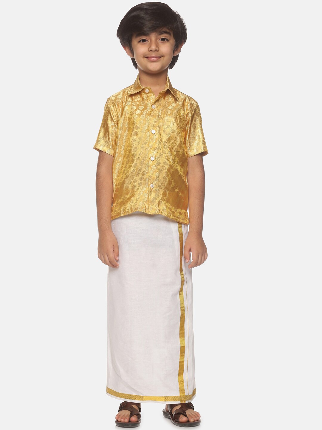 

Sethukrishna Boys Gold-Toned & White Solid Shirt and Dhoti Set