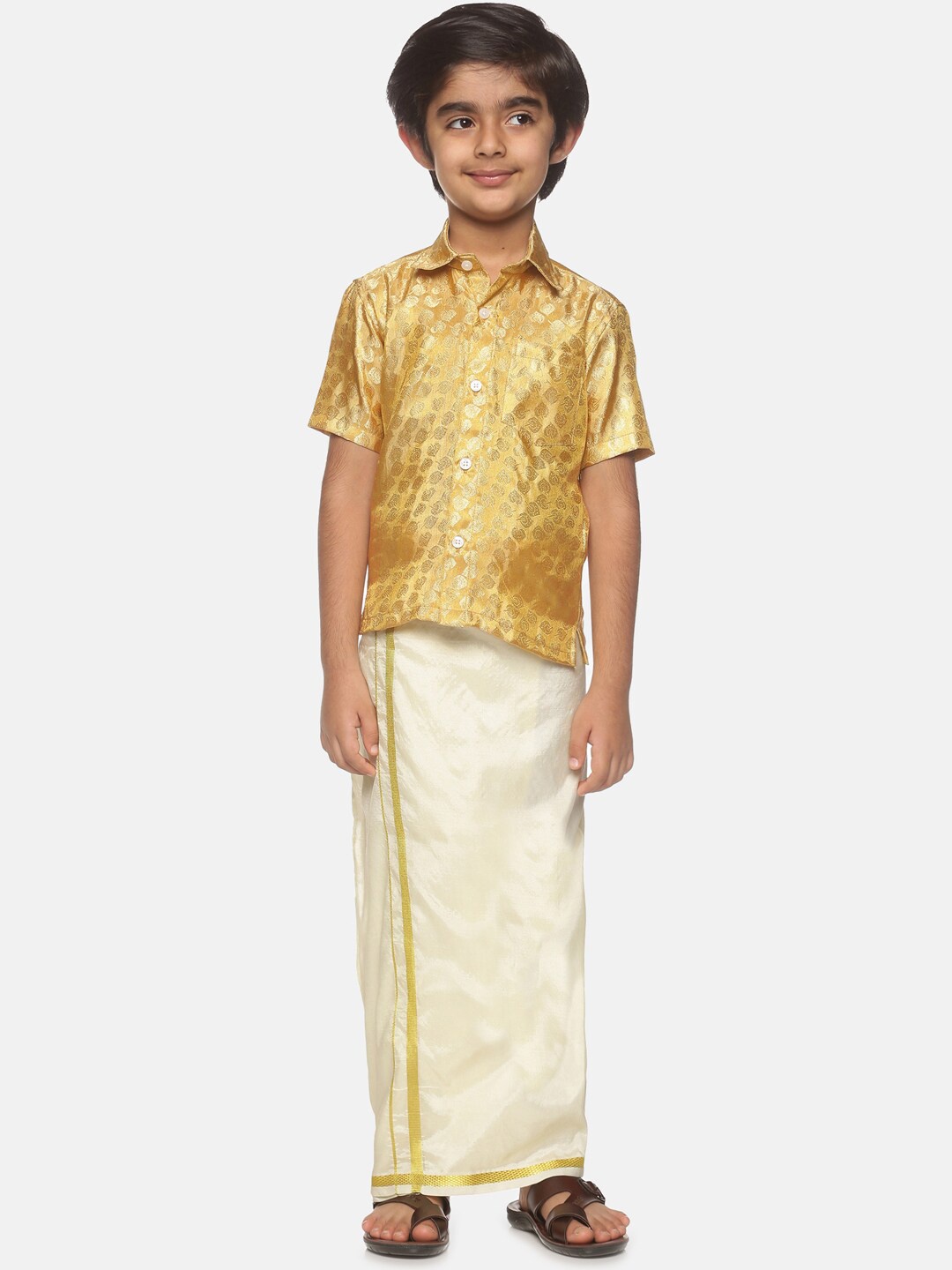 

Sethukrishna Boys Gold-Toned Self Design Shirt with Dhoti