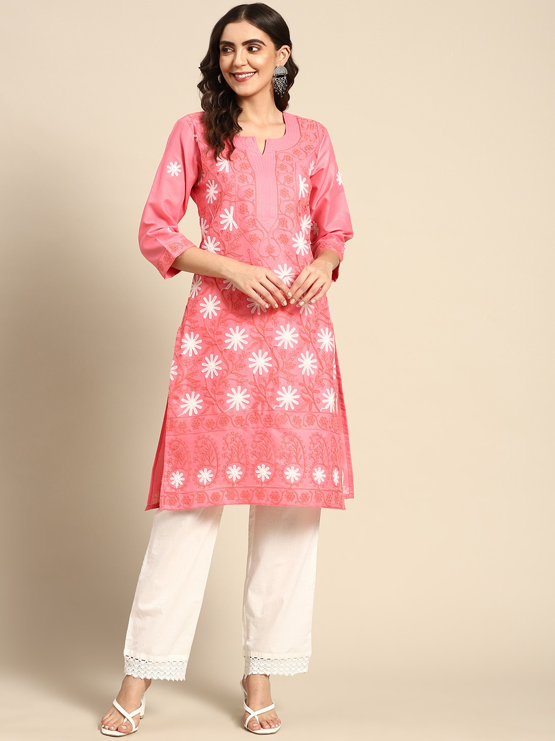 

Saadgi Women Pink & White Pure Cotton Ethnic Motifs Embroidered Chikankari Kurta