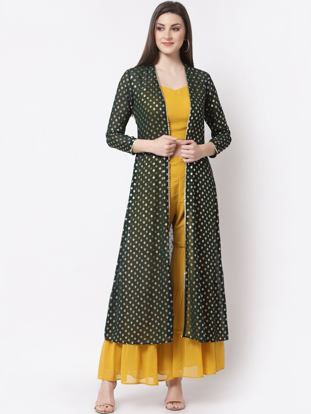

Myshka Women Navy Blue Ethnic Motifs Printed Layered Pure Cotton Kurta with Sharara