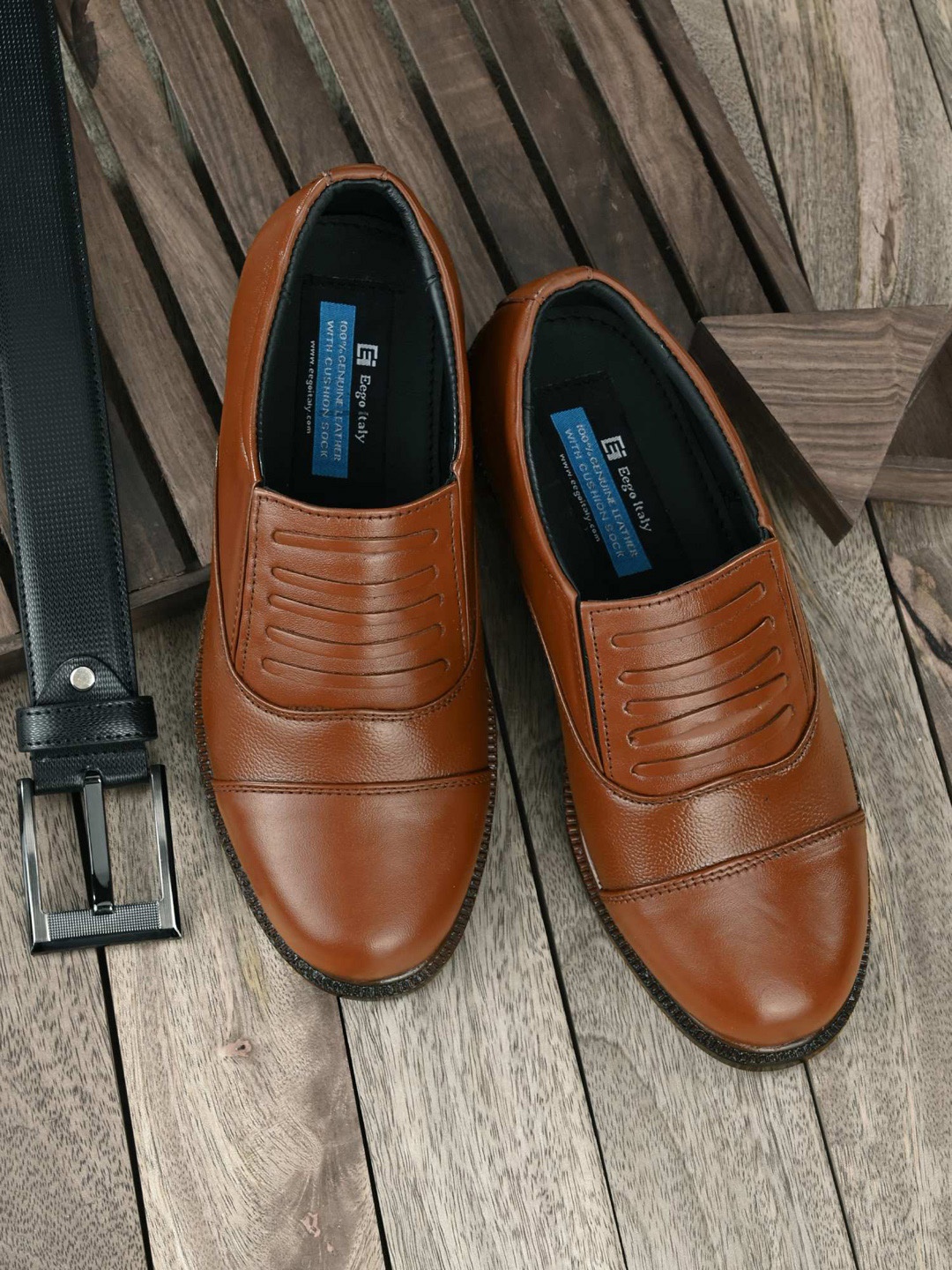 

Eego Italy Men Tan Brown Textured Formal Slip-On Shoes