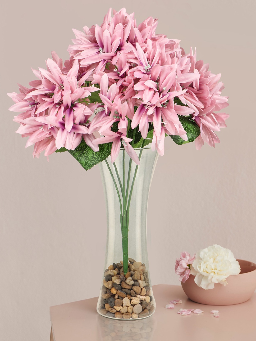 

TIED RIBBONS Pink & Green Artificial Flower Bunch with Glass Vase
