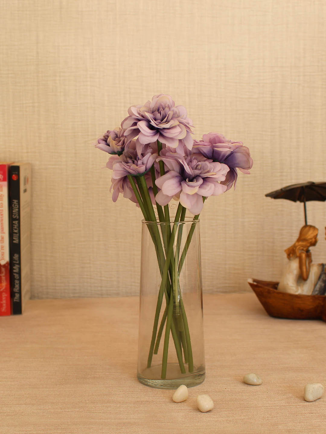 

TIED RIBBONS Set Of 9 Lavender Silk Artificial Flowers With Glass Vase Pot