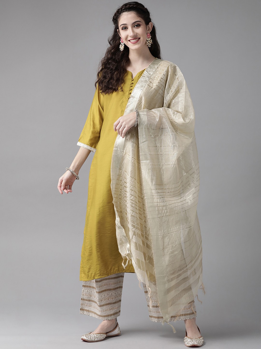 

Indo Era Women Olive Green Liva Kurta with Palazzos & Dupatta