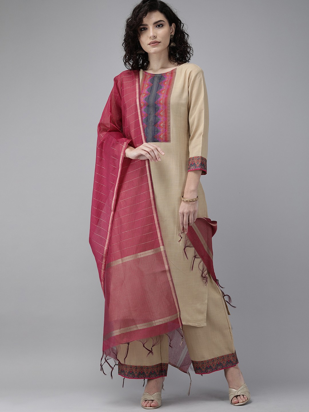 

Indo Era Women Beige Layered Kurta with Palazzos & Dupatta