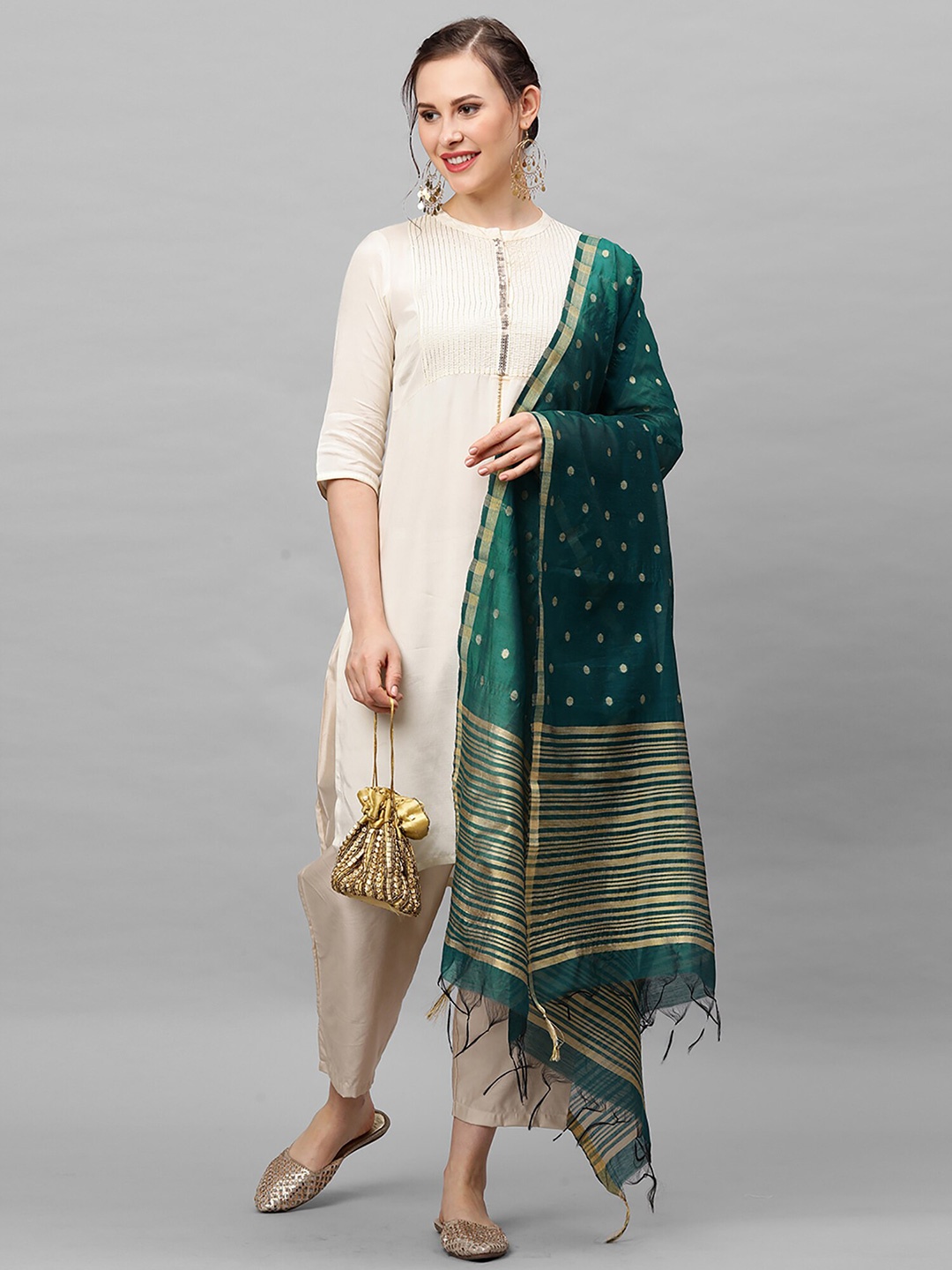 

Indo Era Green Woven Design Art Silk Dupatta