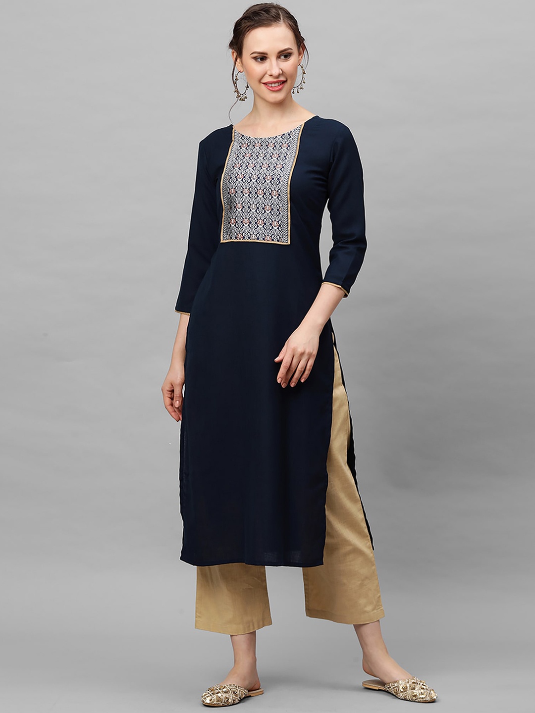 

Indo Era Women Navy Blue Yoke Design Kurta
