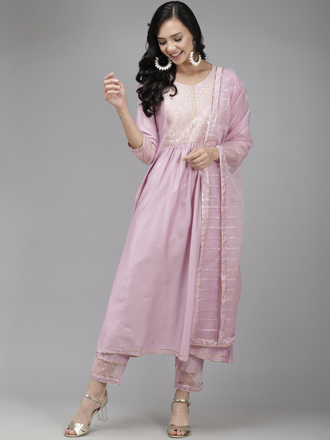 

Indo Era Women Purple Yoke Design Pleated Liva Kurta with Trousers & Dupatta
