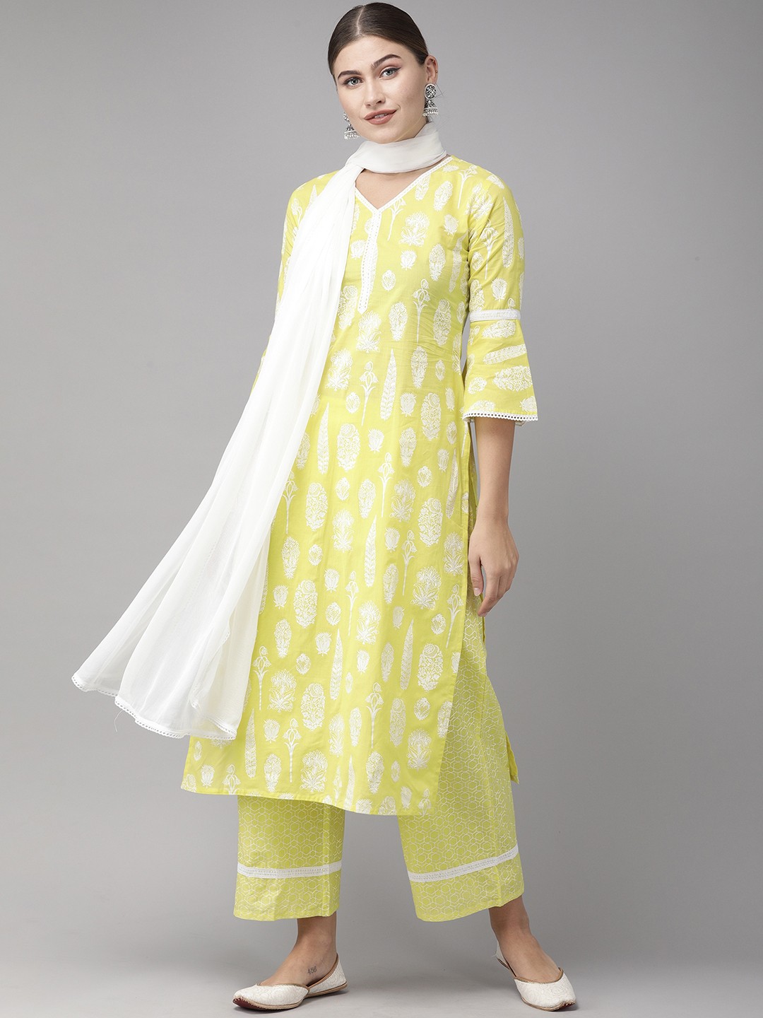 

Indo Era Women Yellow Ethnic Motifs Printed Empire Pure Cotton Kurta with Palazzos & With Dupatta