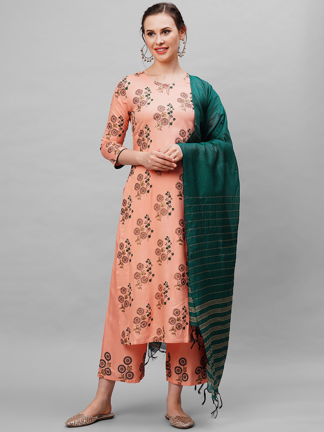 

Indo Era Women Peach-Coloured Floral Printed Kurta with Trousers & Dupatta