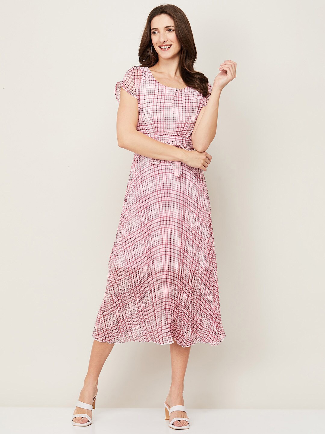 

CODE by Lifestyle Women Pink Checked A-Line Midi Dress