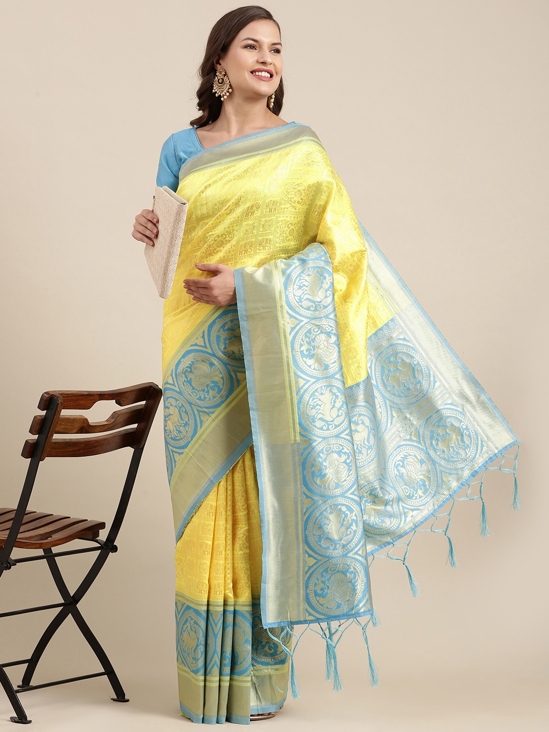 

DIVASTRI Yellow & Turquoise Blue Ethnic Motifs Art Silk Banarasi Saree