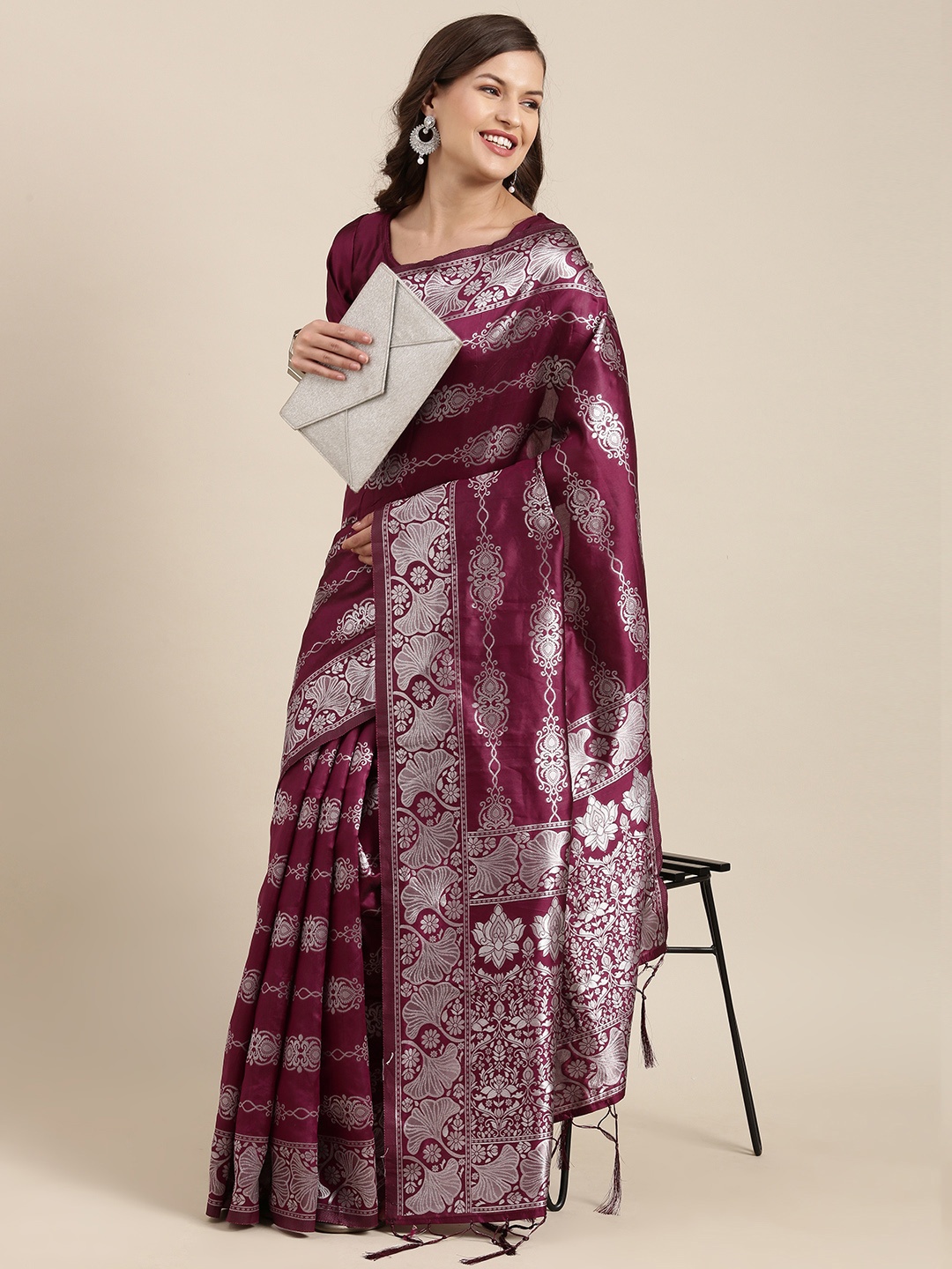 

DIVASTRI Burgundy & Silver Ethnic Motifs Art Silk Banarasi Saree