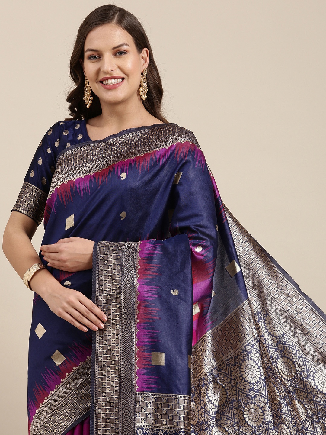

DIVASTRI Navy Blue & Pink Ethnic Motifs Art Silk Half and Half Banarasi Saree