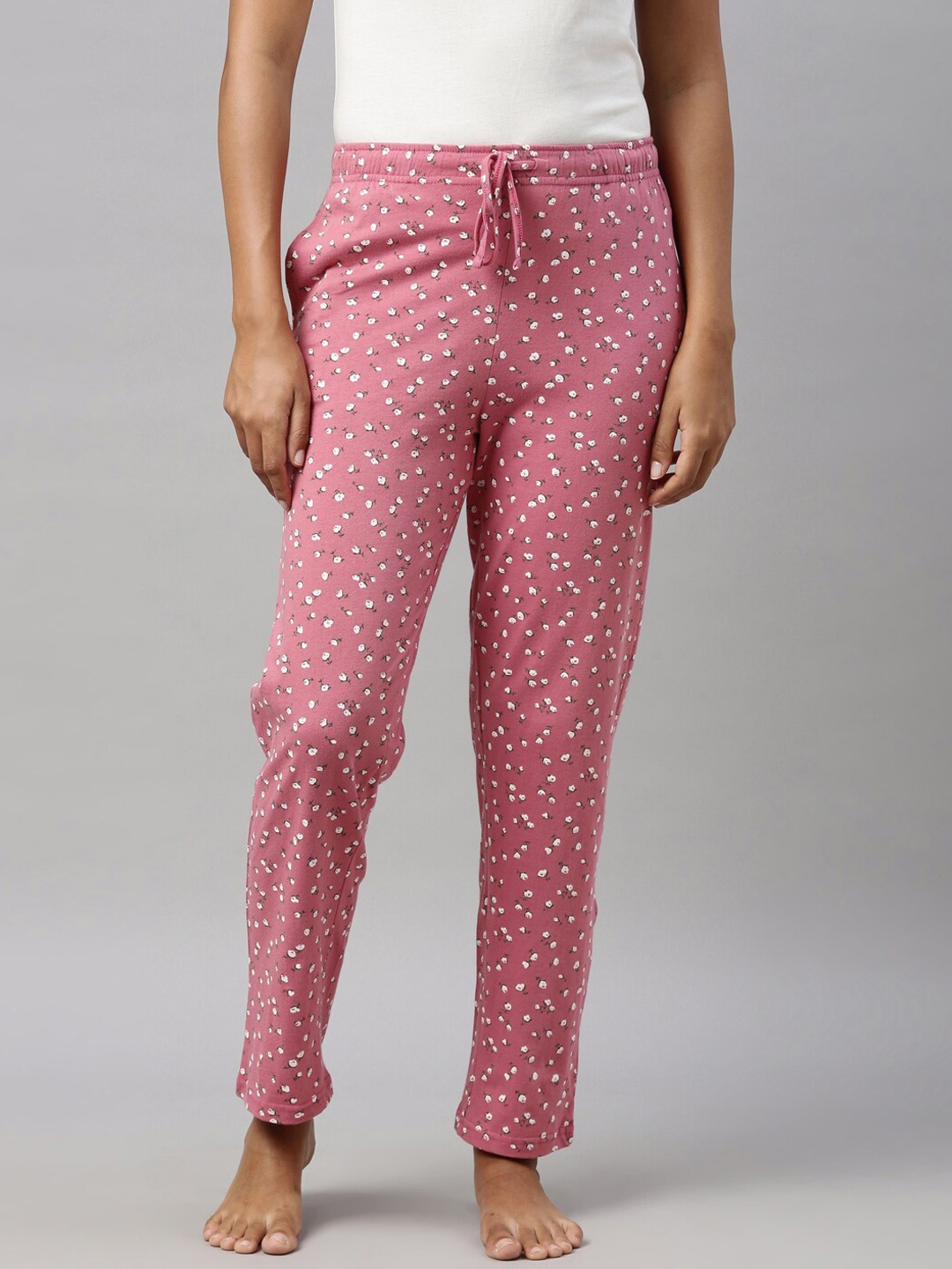 

Go Colors Women Coral Pink & White Printed Cotton Lounge Pants