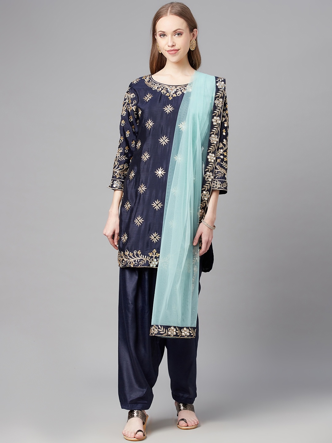 

Readiprint Fashions Navy Blue & Gold-Toned Embroidered Art Silk Unstitched Dress Material