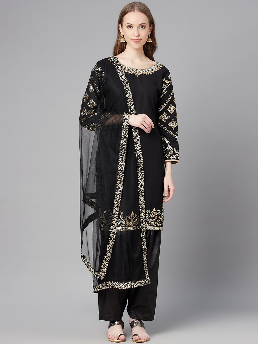 

Readiprint Fashions Black & Gold-Toned Embroidered Art Silk Unstitched Dress Material