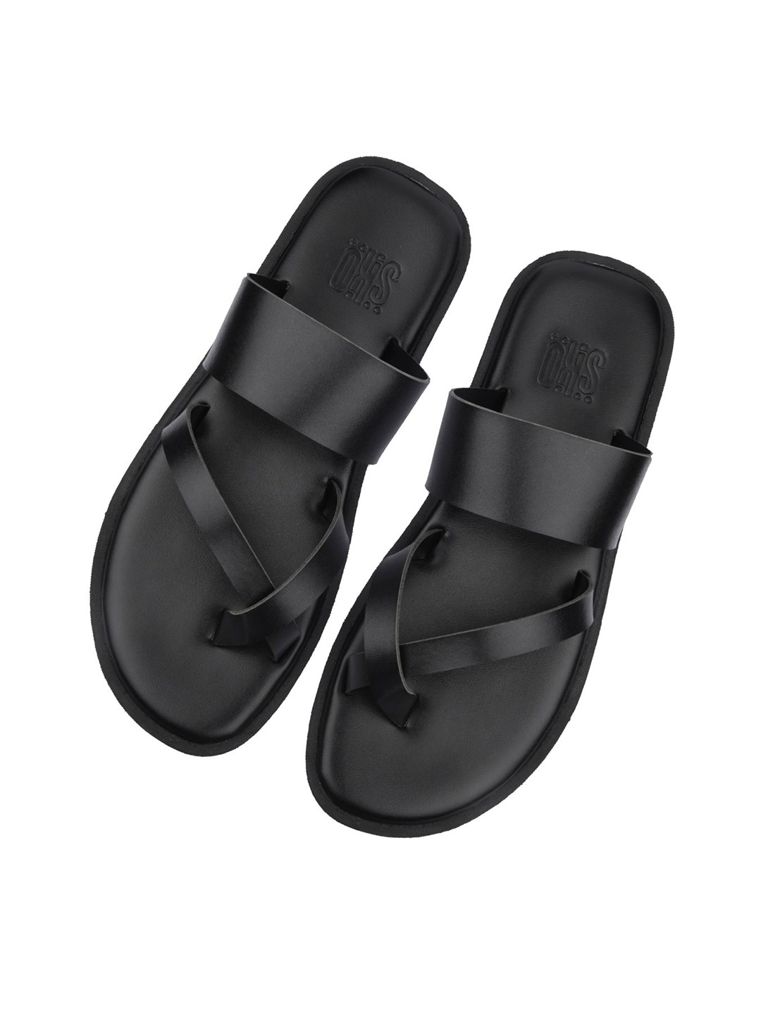 

SKO Men Black Solid Leather Slip On Comfort Sandals