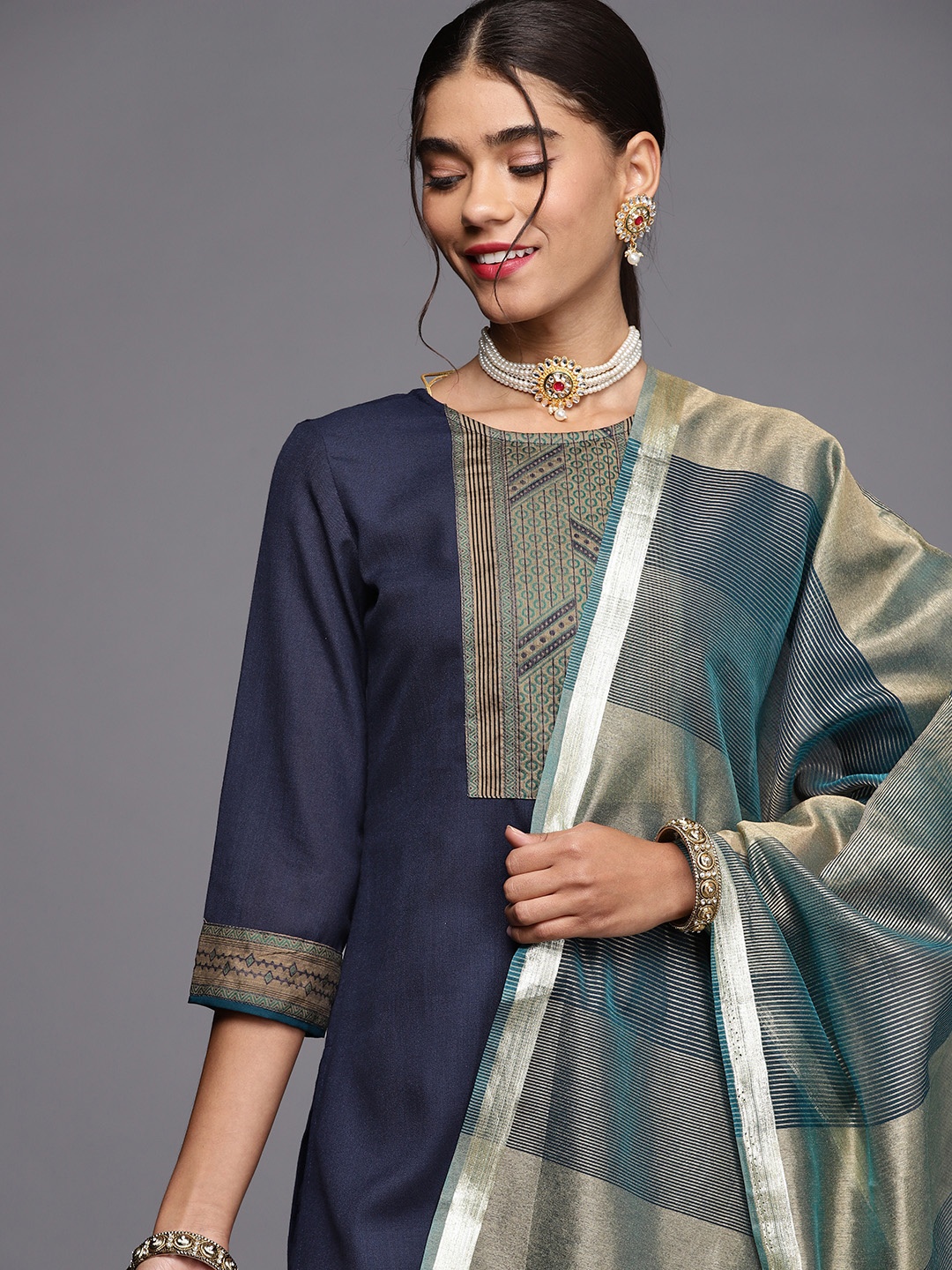 

Indo Era Women Navy Blue Ethnic Printed Kurta with Palazzos & Dupatta