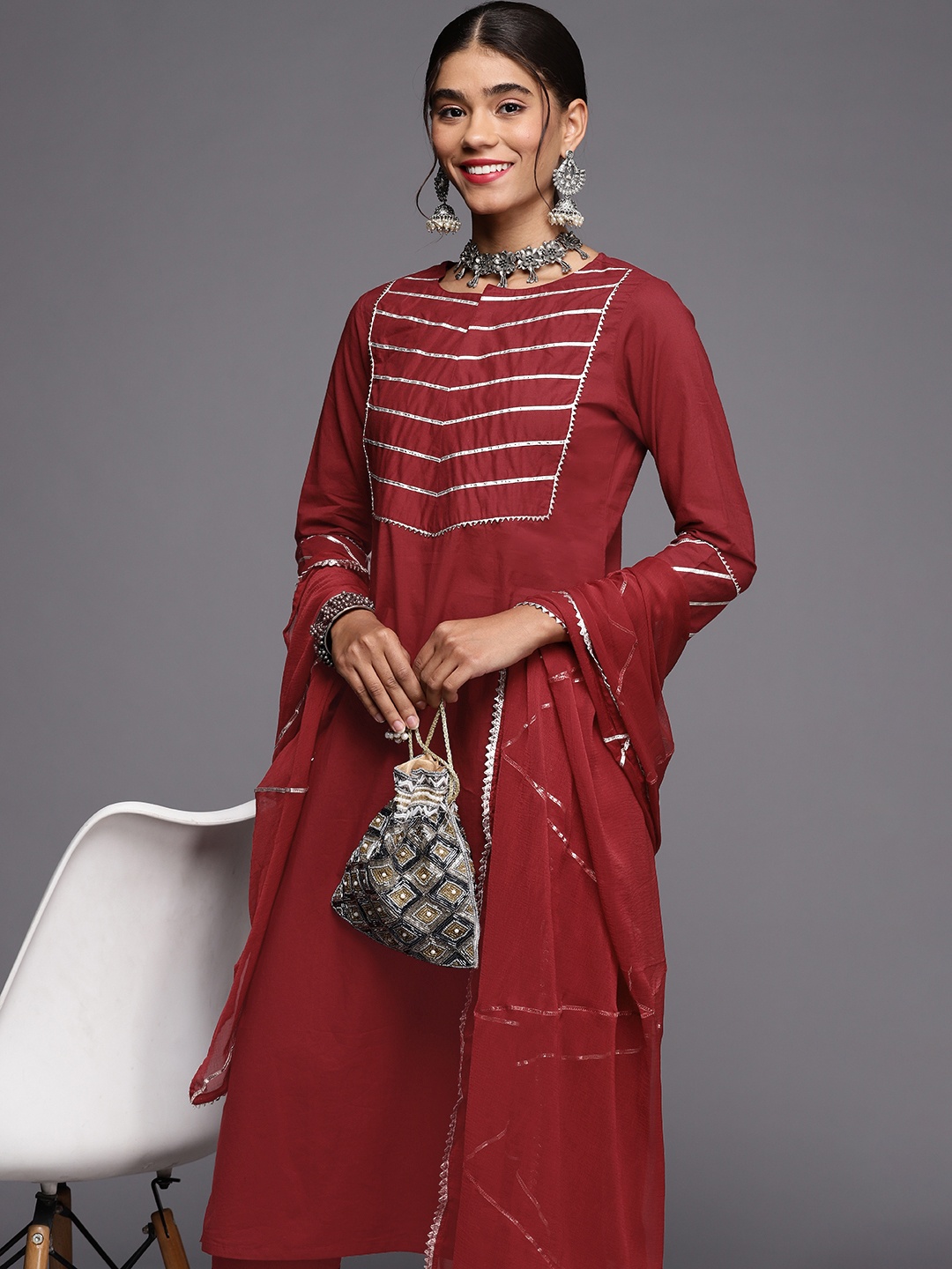 

Indo Era Women Maroon Embellished Pure Cotton Kurta with Palazzos & Dupatta