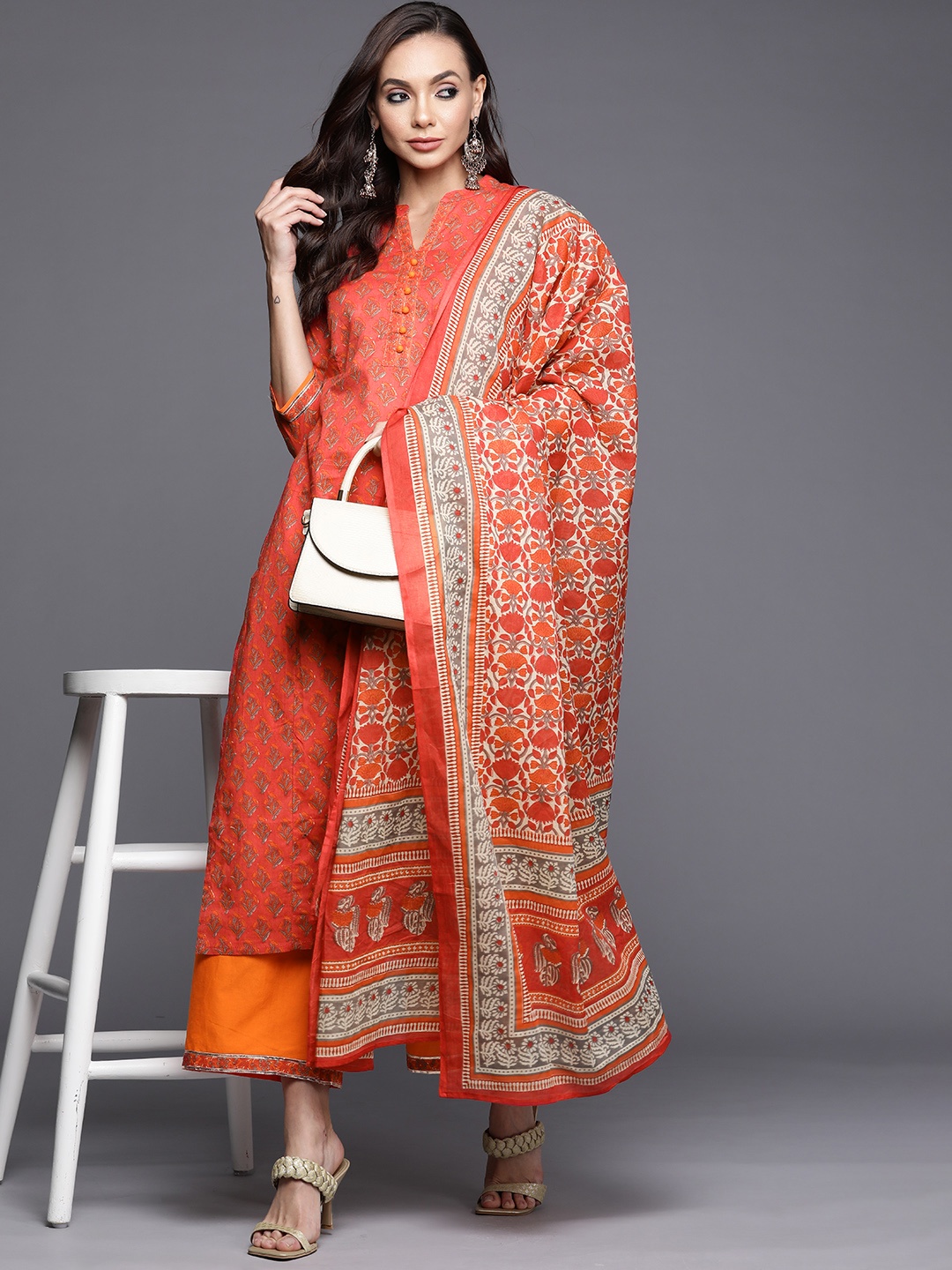 

Indo Era Women Rust Ethnic Motifs Printed Chanderi Silk Kurta with Palazzos & With Dupatta