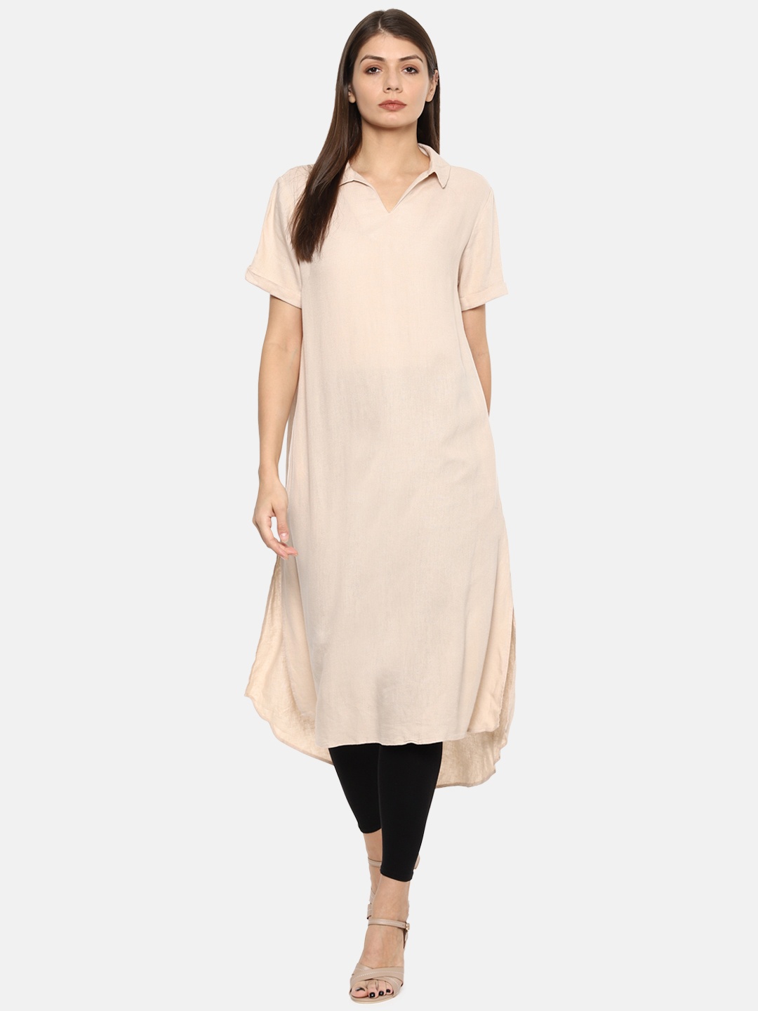 

Van Heusen Woman Women Beige Shirt Collar High-Low Hem Kurta