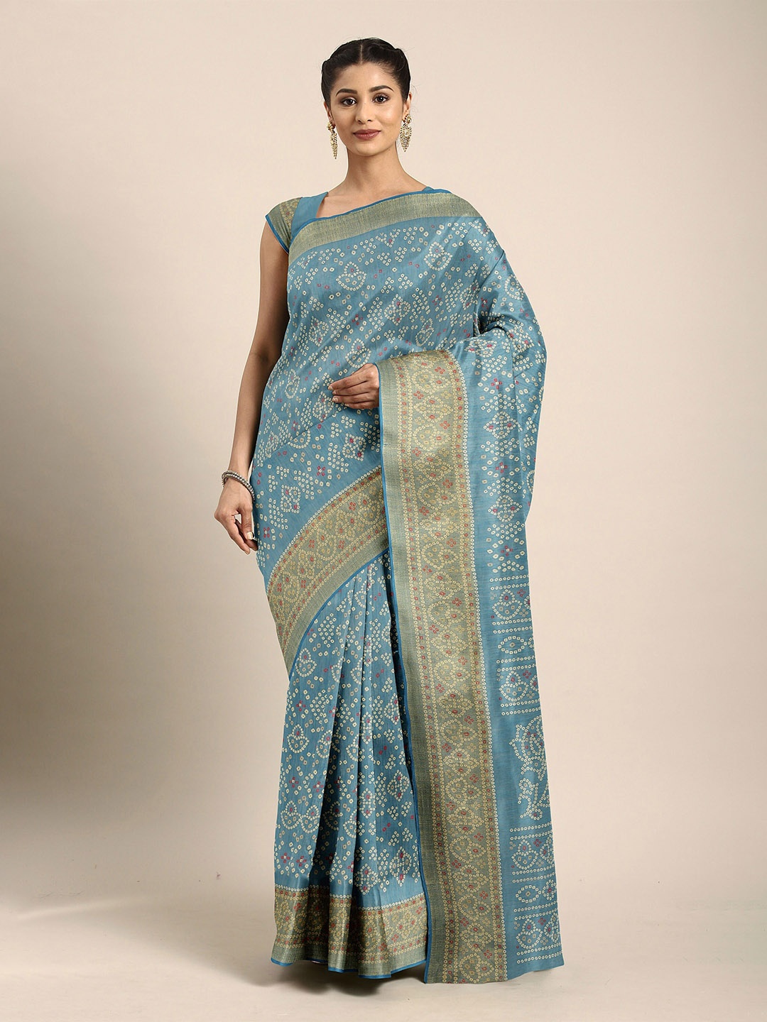 

The Chennai Silks Blue & Off White Bandhani Bhagalpuri Saree