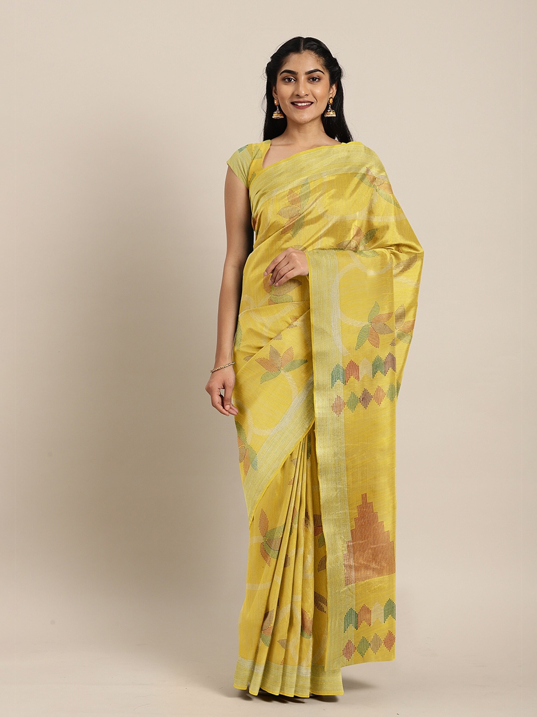 

The Chennai Silks Yellow & Green Floral Bhagalpuri Saree