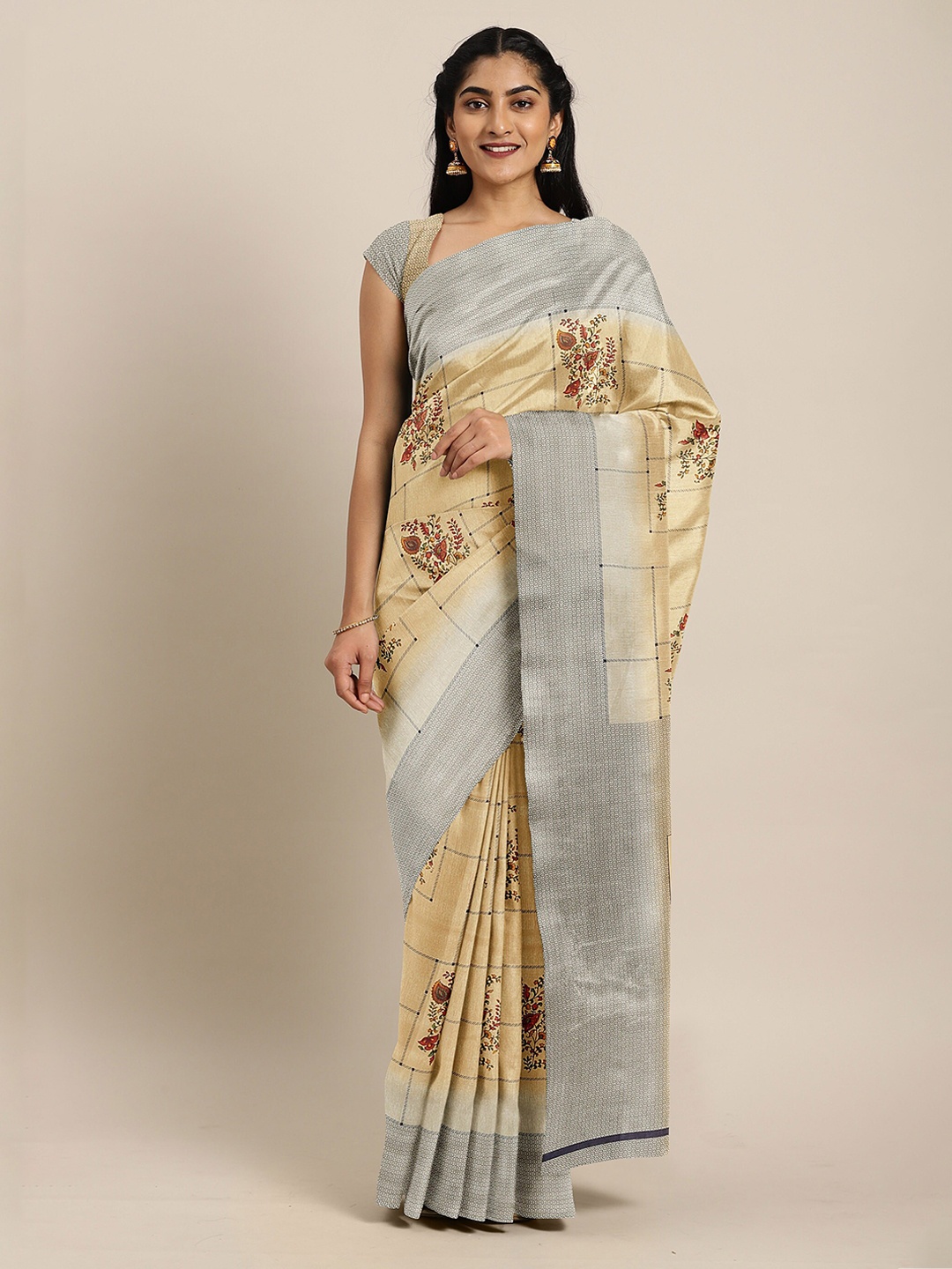 

The Chennai Silks Yellow & Grey Floral Bhagalpuri Saree
