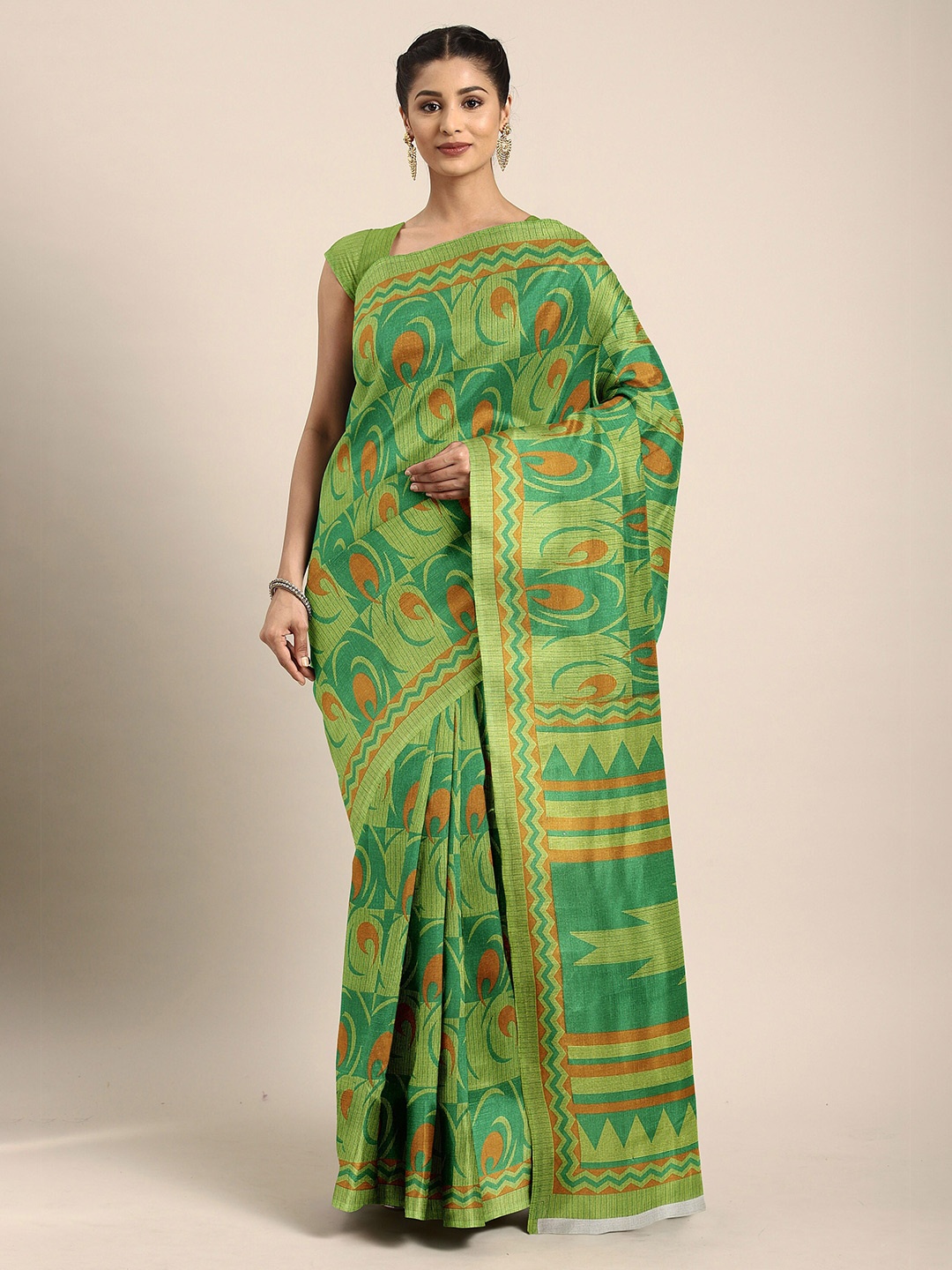 

The Chennai Silks Green & Orange Floral Bhagalpuri Saree