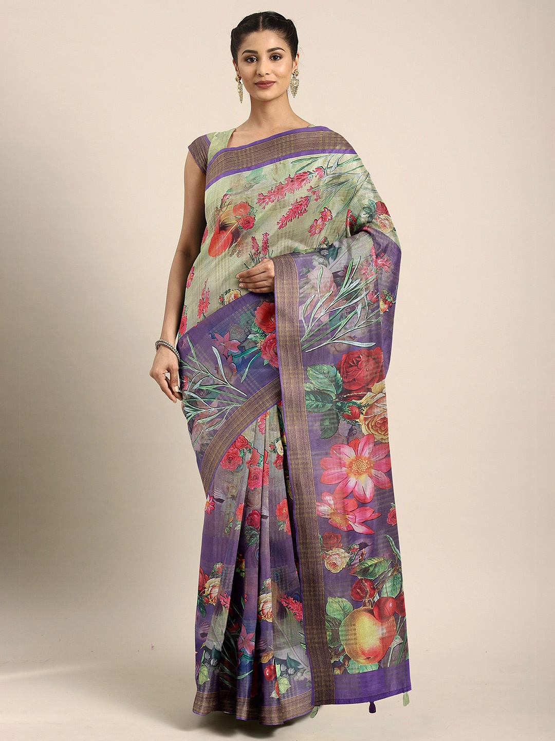 

The Chennai Silks Lavender & Pink Floral Bhagalpuri Saree