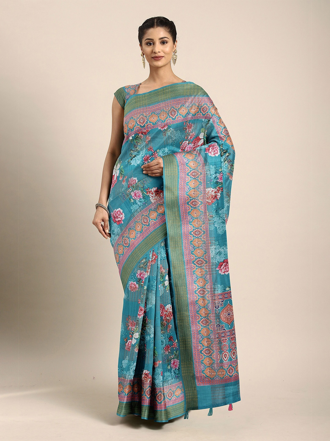

The Chennai Silks Turquoise Blue & Pink Floral Bhagalpuri Saree