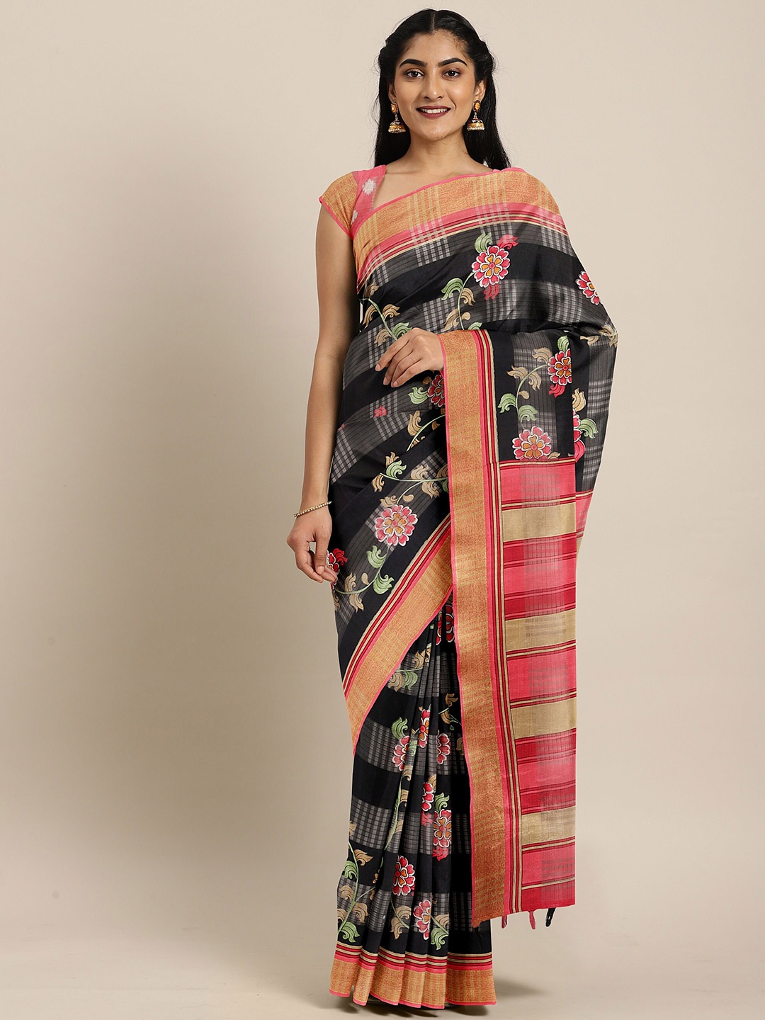 

The Chennai Silks Black & Red Floral Zari Bhagalpuri Saree